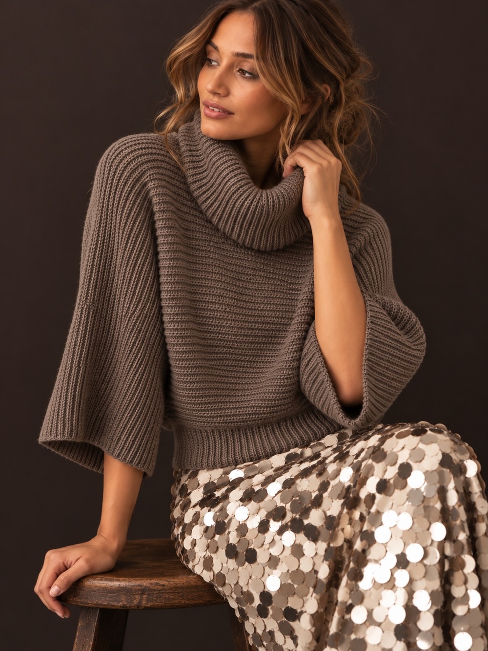Laundry By Shelli Segal 100% Merino Wool Taupe Ribbed Cowl Neck Sweater Sz XS